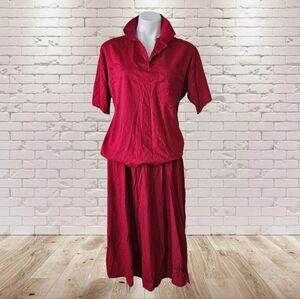 Intage Russ Studio Cotton Red Two-Piece Collard Shirt and Skirt Set Medium